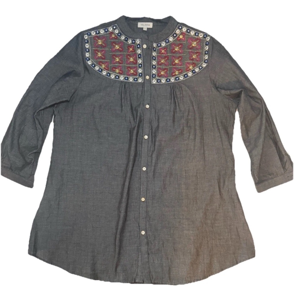 Velzera Womenโs Tunic Blouse Top Embroidered Bohemian 1Xโ XL Gray